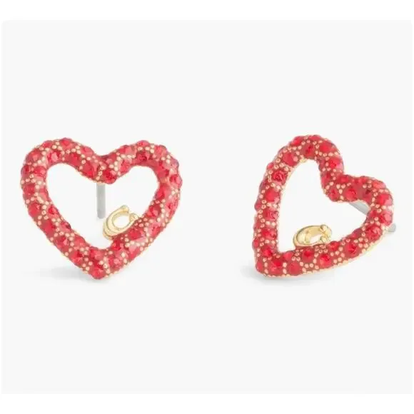 New Coach Faux Stone Pave Heart Red Stud Earrings Holiday Christmas Box - Picture 2 of 7